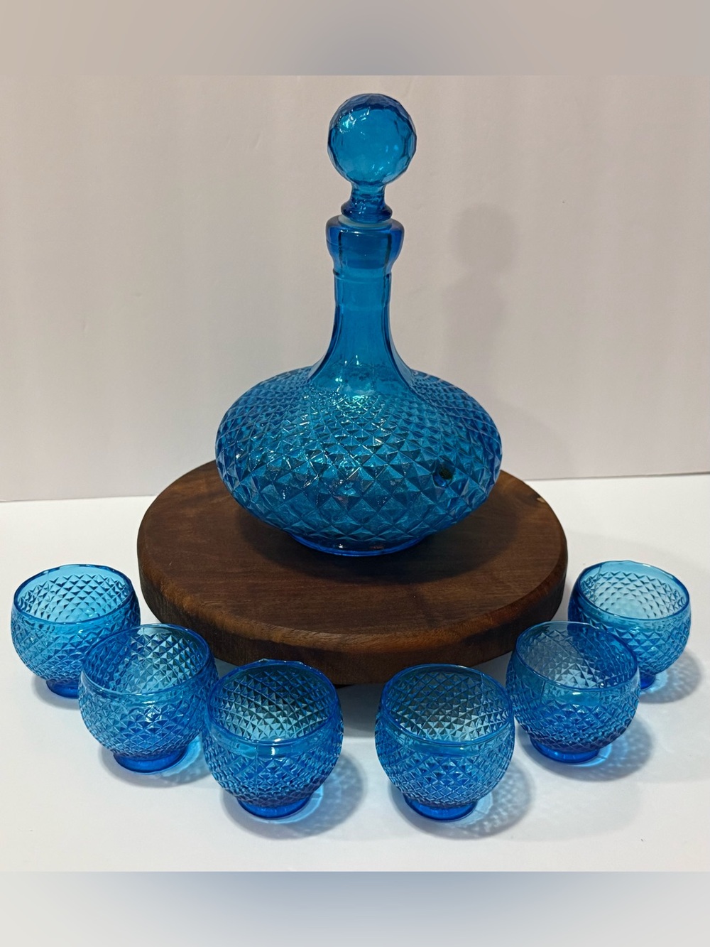 MCM 1960s 7 Piece Empoli Italy Blue Diamond Point Decanter Set – Vintage